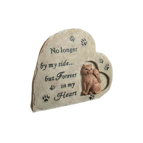 Pet Memorial Stone Heart Shaped Garden Marker, Beige Cat Design with Paw Prints, Forever in My Heart Decorative Sympathy Monument