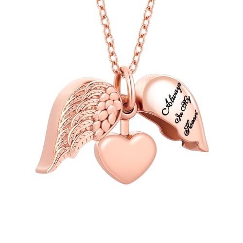 Angel Wing Heart Cremation Jewelry for Ashes Pendant Urn Necklace with Mini Keepsake Urn Memorial Ashes Jewelry for Women Men - color: Rose Gold