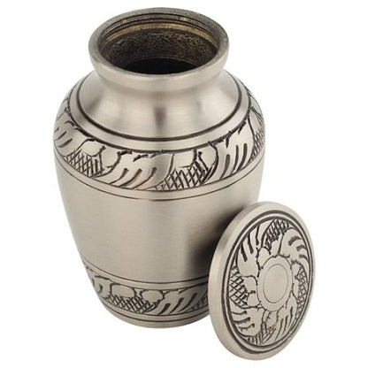 Feather Band Keepsake Cremation Urn for Ashes in Pewter, Brass, Gray Silver Urn, Keepsake Sized Cremation Urn, 2.75 Inches High - color: Feather Band