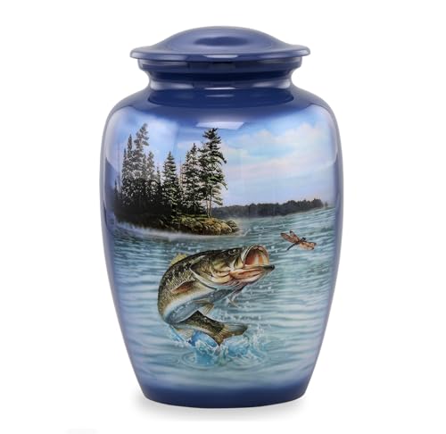 Gone Fishing Bass Cremation Urn – Adult Urn for Human Ashes up to 210 lbs – Fisherman Tribute Memorial Funeral Urn for Men and Women – Full Size Bass Fish Urn with Velvet Bag (Large) - size: Large (Bass)