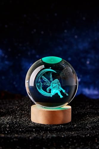 Large Moon&Fairy Crystal Ball Night Light with Woodern Base, 3D Fairy Crystal Lamp 16 Color Changing with Remote Control, Laser Engraved Fairy Glass Ball Lamp, Room Decor (Moon&Fairy) - style: Moon&Fairy