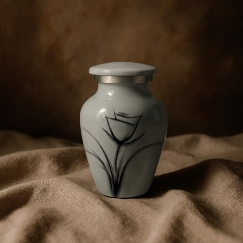 Custom Gray Flower Mini Urn – Personalized Text – Small 3" Keepsake Cremation Urn for Human Ashes – Drawn Tulip Design – Velvet Bag, Box & Funnel – Made in USA - color: Customized Gray, size: Small