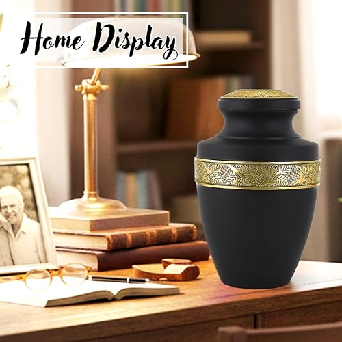 CLEENTABLE Aluminum Cremation Urn for Human Ashes, 11 in. (Black & Gold) - color: Matt Black Metallic Gold, size: Hand-Etched Leaf - 7x11"