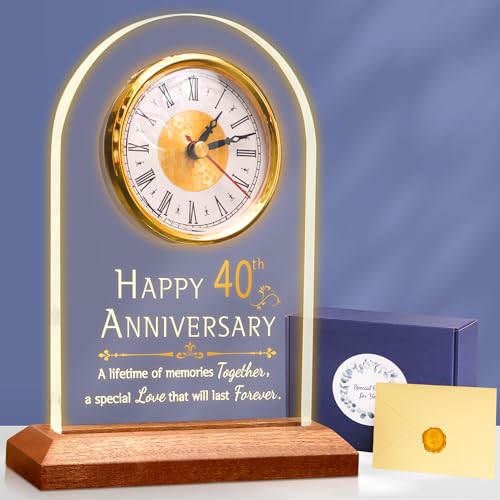 OkiyiD 40th Wedding, Light Up Anniversary Clock with LED Wooden Base for Couples Parents Bedroom Decor, Happy 40th for Husband Wife - color: 40th Anniversary