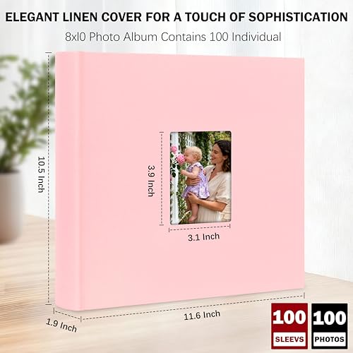 Aevdor 8x10 Photo Album, 100 Pockets, Linen Cover, Writing Space, Pink | Fits 8x10 Photos, Graphic Designs, Watercolors and Drawings, Doubles as an Art Portfolio - color: Linen Pink