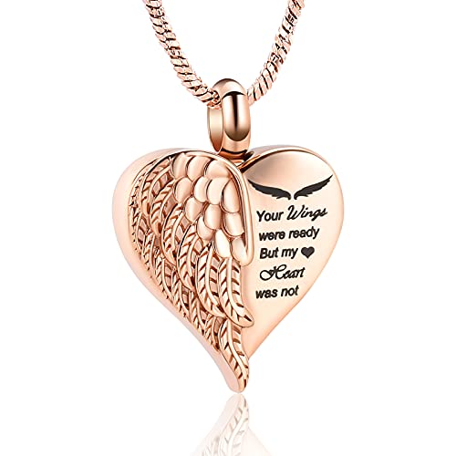 Yinplsmemory Love Heart Urn Necklace for Ashes Keepsake Memorial Cremation Jewelry Stainless Steel Angel Wing Heart Urn Locket Ashes Holder Memorial Urn Jewelry for Human/Pet Ashes - color: Rose gold