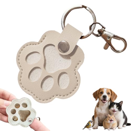 Cute Leather Pet Paw Memorial Keychain - Pet Hair Keepsake & Sympathy Gift for Cat/Dog Lovers - color: Off-white