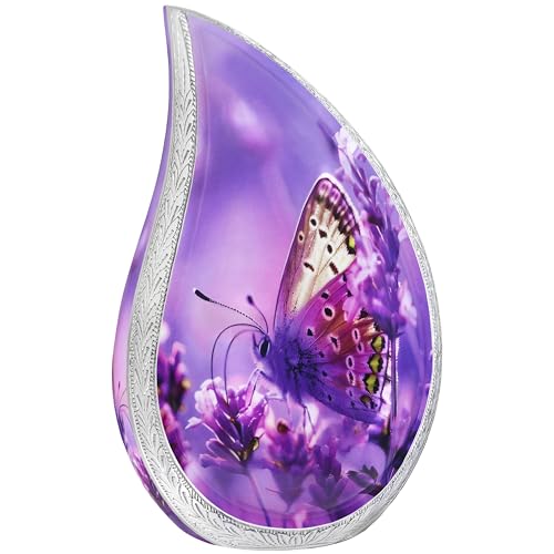 NANIURN Purple Butterfly Urns for Human Ashes, Large Cremation Urn for Mom | Urn for Ashes for Women with Lavender Flowers, Full Size Teardrop Urn for Adult Remains, Funeral or Home Memorial Display - color: Purple, size: Large / Adult