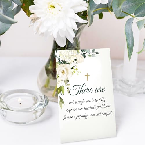 JarThenaAMCS 100 Pack Funeral Thank Your Cards with Envelope Sticker Watercolor White Floral Sympathy Flower Cross Bereavement Card with Message for Memorial Service Loves Ones Celebration of Life