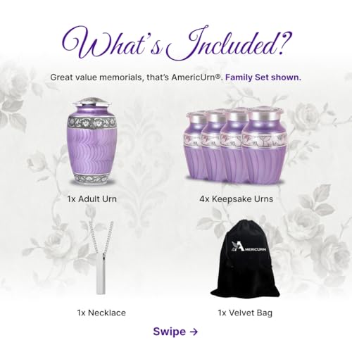 Set of 6 Custom Engraved Purple Cremation & Funeral Urns for Ashes for Women & Men - Includes 1 Custom Engraved Large Purple Urn with 4 Small Keepsakes & 1 Necklace - color: Custom Purple Patch Set