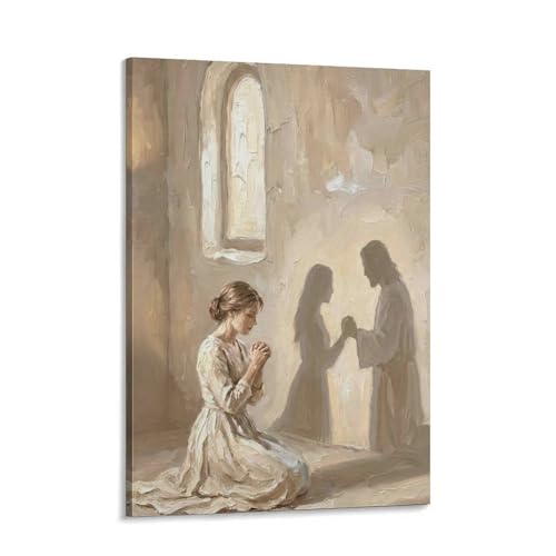 KERAXL Jesus Praying with Woman Canvas Wall Art, He Is With You Christian Painting, Neutral Bible Wall Art Print for Prayer Room Bedroom Frame-style-1 16x24inch(40x60cm) - color: Frame-style-1, size: 24L" x 16W"
