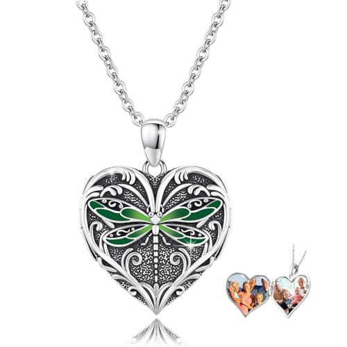 Heart Photo Locket Necklace Sterling Silver for Women | Dragonfly, Butterfly, Turtle, Dog Paw and Mother Daughter Styles, Jewelry Gifts for Mom Christmas Birthday Anniversary. - style: 1-Dragonfly-Green