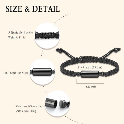 Oinsi Lava Rock Bracelet With Tube Memorial Urn Jewelry For Ashes Of Loved Ones Keepsake Cremation Bracelet Women Men Adjustable Length - color: Black (Rope)