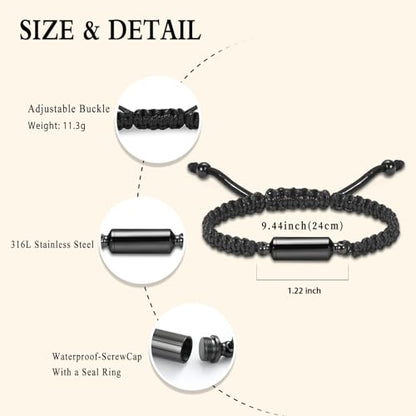 Oinsi Lava Rock Bracelet With Tube Memorial Urn Jewelry For Ashes Of Loved Ones Keepsake Cremation Bracelet Women Men Adjustable Length - color: Black (Rope)