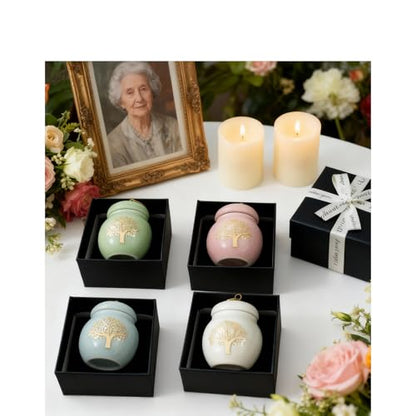 4 Pack Small Ceramic Keepsake Urns for Human Ashes, Tree of Life Pattern | Including 4 Independent Gift Boxes, Mini Cremation Urn, Sympathy Gift, For Families Sharing Remains, Sealed Well