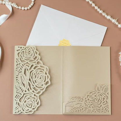 Laser Cutting Invitation Card Greeting Card Graduation Party Rose Flower Wedding Birthday Party Invitations Invitation Pocket With Envelope (Champagne Gold) | Laser-cut rose flower glitter cards for graduation, wedding, birthday, or party. Includes 20 poc