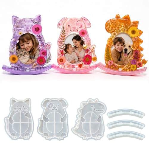 Animal Seesaw Photo Frame Resin Molds Set, 3Pcs Resin Picture Frame Molds, Cartoon Cat, Dog & Dinosaur Shapes Epoxy Casting Mold with Stand Mold for DIY Desktop Picture Frame, Keepsake Craft Kit - color: 3pcs Animal Photo Frame Molds