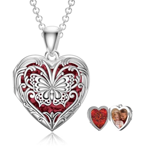 SOULMEET Personalized Butterfly Locket Necklace That Holds Up to 2 Pictures, Memorial Insects Silver Butterfly Photo Locket Custom Any Photo Healing Gift - color: D-Opal Red, style: Locket+Custom Photo