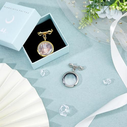 SUPERFINDINGS 2Pcs Wedding Bouquet Photo Charm Bouquet Photo Locket Charms Brass Bridal Brooches Silver Gold Bow Tie Wedding Memorial Brooches Pins Round Glass Photo Frame Pin Brooch for Bridal