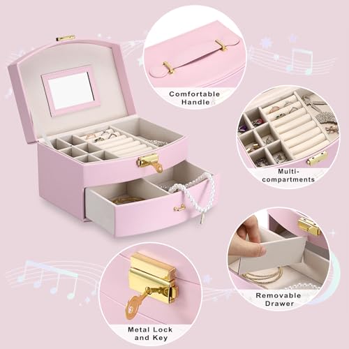 ELLDOO Musical Jewelry Box with Drawer, Pink Music Box Keepsake Box, Small Trinket Jewelry Storage Box Gift for Girls Women (Tune: You are My Sunshine) - color: Pink