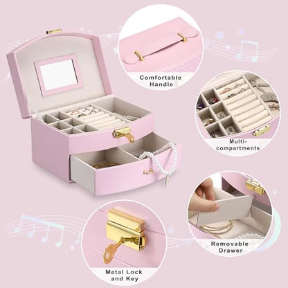 ELLDOO Musical Jewelry Box with Drawer, Pink Music Box Keepsake Box, Small Trinket Jewelry Storage Box Gift for Girls Women (Tune: You are My Sunshine) - color: Pink