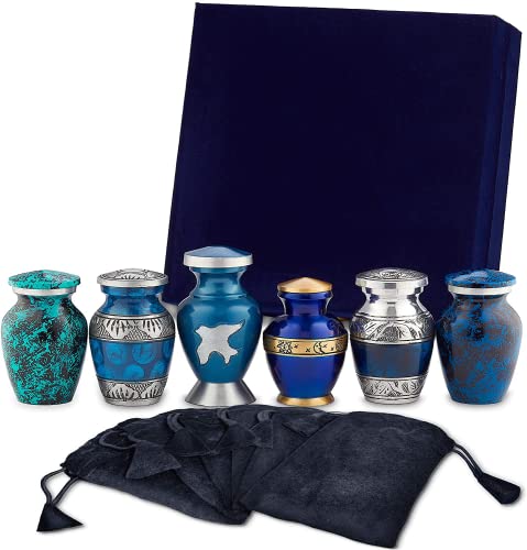 Small Urns for Human Ashes Adult Male or Female - Mini Urns - Cremation Keepsakes with Velvet Box - Memorial Urn and Ash Storage (Blue, 6 Count (Pack of 1))