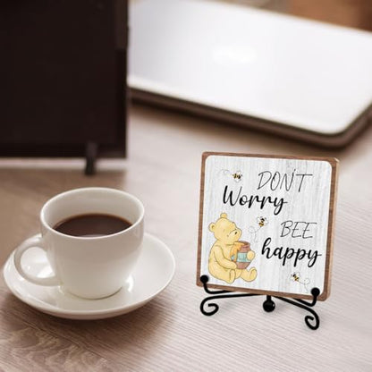 Inspirational Winnie Gifts for Women Men, Motivational Quotes Tabletop Sign | Winnie Decor for Friend Bestie Coworker, Positive Wooden Plaque with Iron Stand for Office Bedroom Living Room Home Shelf - style: Bee happy