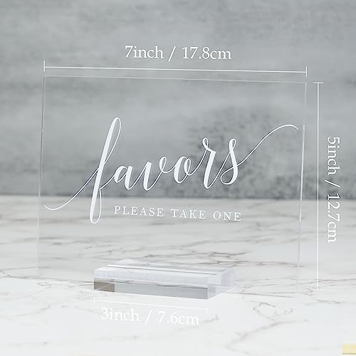 Acrylic Favors Sign for Wedding- 5x 7 Inch Glass Look Clear Favor Sign with Acrylic Stand, Cursive Font Wedding Signage for Reception & Party Event - size: 5" x 7" Favors Sign