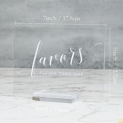 Acrylic Favors Sign for Wedding- 5x 7 Inch Glass Look Clear Favor Sign with Acrylic Stand, Cursive Font Wedding Signage for Reception & Party Event - size: 5" x 7" Favors Sign