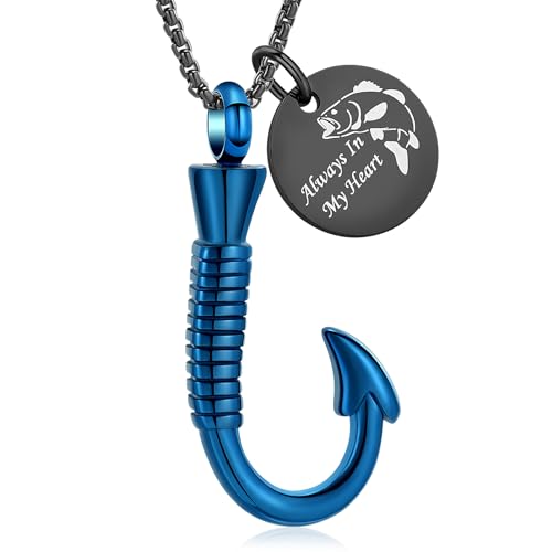 Oinsi Fishing Hook Urn Necklace for Ashes Fish Cremation Jewelry Memorial Ashes Keepsake Stainless Steel Urn Keychain for Men - color: Blue (Always In My Heart)