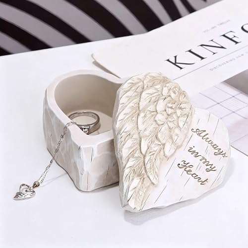 Heart-Shaped Angel Wing Jewelry Box, White Resin, 'Always in My Heart' Engraved, 3.34 x 1.77 Inch, Keepsake Storage