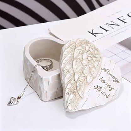 Heart-Shaped Angel Wing Jewelry Box, White Resin, 'Always in My Heart' Engraved, 3.34 x 1.77 Inch, Keepsake Storage