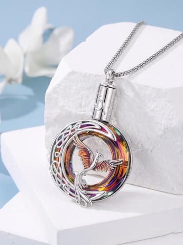 TOUPOP Phoenix Urn Necklace Cremation Jewelry for Ashes 925 Sterling Silver Crystal Phoenix Pendant with Funnel Filler Memorial Jewelry Gifts for Women - color: 02-Fire Phoenix