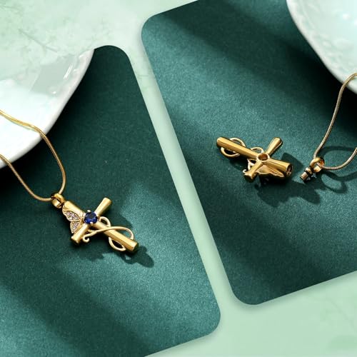 Butterfly Cross Cremation Jewelry Urn Necklaces Cross Butterfly Urn Necklaces for Ashes Memorial Keepsake Pendant for Women Men Gifts With Funnel Kit & Bag - color: Gold+Blue