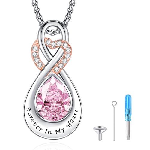 Infinity Urn Necklace for Ashes Sterling Silver Heart Moonstone Turquoise Birthstone Keepsake Memorial Cremation Jewelry for Women - style: Infinity A-10-Oct.-Tourmaline