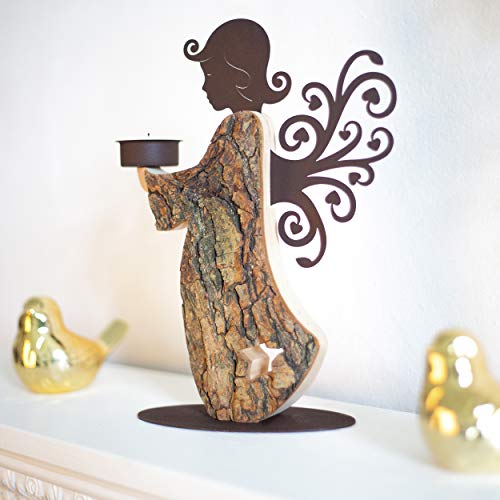 Wood Angel Tealight Candle Holder - Handcrafted Wooden Angel Candle Holder in Memory of Loved One - Guardian Angel Candlestick Holders - Angel Statues Memorial Gifts for Loss of Loved One