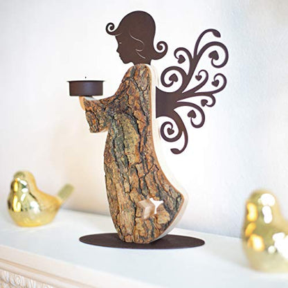 Wood Angel Tealight Candle Holder - Handcrafted Wooden Angel Candle Holder in Memory of Loved One - Guardian Angel Candlestick Holders - Angel Statues Memorial Gifts for Loss of Loved One