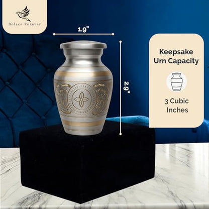 Small Urns for Human Ashes – Brass Hand-Engraved Funeral Keepsake with Elegant Silver Finish – Mini Cremation Memorial for Mom, Dad & Loved Ones - color: Silver