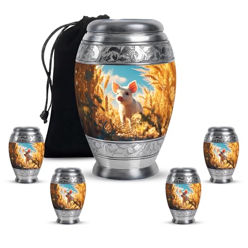Pig Urn for Human Ashes Adult Female - Blue Urns for Human Ashes Adult for Indoor and Outdoor Cremation - Field Funeral Urns for Father & Mother Remains 10 Inch with 4 Keepsake Set - color: Pig-5, size: Combo-3