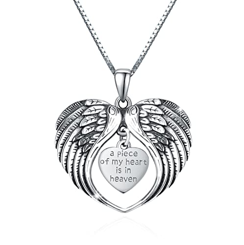 TUGHRA Memorial Necklace for Women Men, Angel Wings Heart Pendant 925 Sterling Silver A Piece of My Heart Is In Heaven Charm Necklace Sympathy Gift - style: 01-Angel