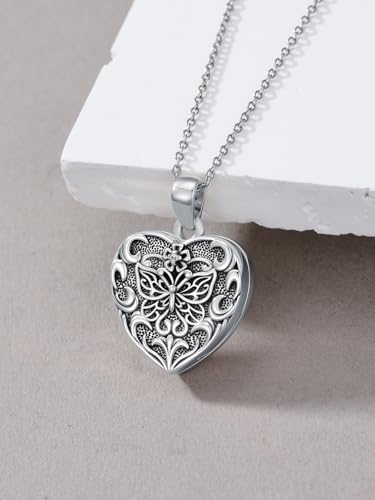 Midari Personalized Heart Locket Necklace That Hold 2 Pictures 925 Sterling Silver Oxidized Photo Necklace Memory Custom Photo Lockets Necklaces Jewelry Gifts for Family Women Lover Mom Dad - color: Butterfly, style: Locket+Photo
