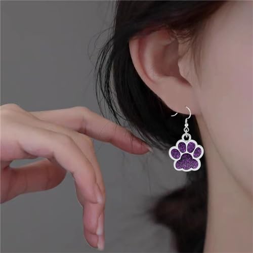 Dreuyet Paw Necklace and Earrings Set for Women Glitter Cute Dog Cat Pet Paw Print Pendant Necklace Earrings Lovely Animal Charm Jewelry Set Gifts - color: Silver Purple