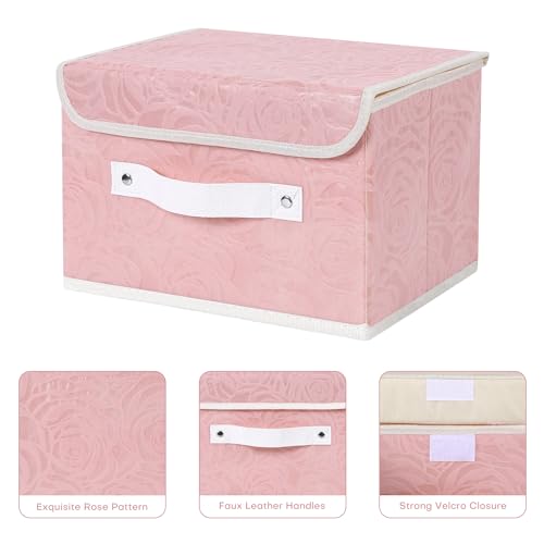 ANMINY Fabric Storage Box Bins with Lids, Rose Print, Pink, 2PCS Medium | Keepsake Memory Storage, Nonwoven Fabric, PP Board Frame, Washable, PU Handles, Foldable Stackable, Decorative, 13"x9"x7.9" - size: Medium (Pack of 2)