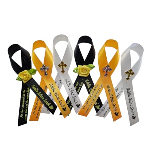 Amy's Bubbling Boutique 20 Personalized Memorial Service Ribbon Pins for Funeral Celebration of Life Name & Dates - Custom Ribbon Made Assembled Awareness