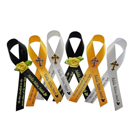 Amy's Bubbling Boutique 20 Personalized Memorial Service Ribbon Pins for Funeral Celebration of Life Name & Dates - Custom Ribbon Made Assembled Awareness