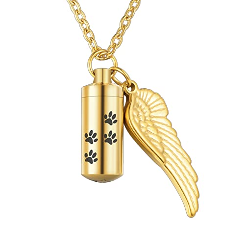 abooxiu Cylinder Cremation Urn Necklace with Angel Wing and Pet Paw - Ashes Keepsake for Dog/Cat Memorial Jewelry - color: Gold-S