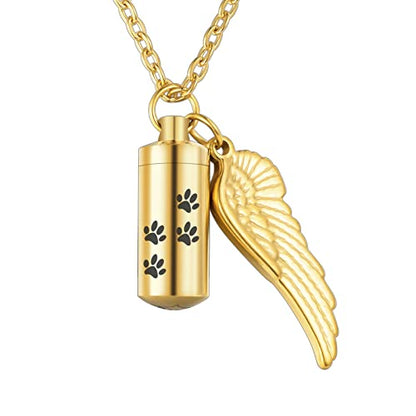 abooxiu Cylinder Cremation Urn Necklace with Angel Wing and Pet Paw - Ashes Keepsake for Dog/Cat Memorial Jewelry - color: Gold-S