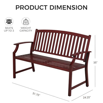 Grand patio 52" Farmhouse Outdoor Bench with Armrest, Red | Anti-rust Aluminum Frame, Faux Wood Grain Finish, for Front Porch, Yard, Park, Garden - color: Wine Red