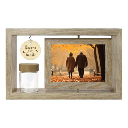 Custom Memorial Photo Frame for Loved Ones - Two 4x6 Inch Pictures with Included Glass Keepsake Jar for Hair, Ashes, or Mementos - Elegant Tribute Gift for Loss, Funeral, or Remembrance (wood2) - color: wood2