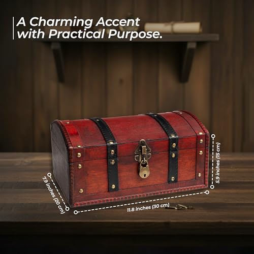 Red Wooden Treasure Chest Box, Lockable Vintage Keepsake Trunk, 11.8x8x6 in